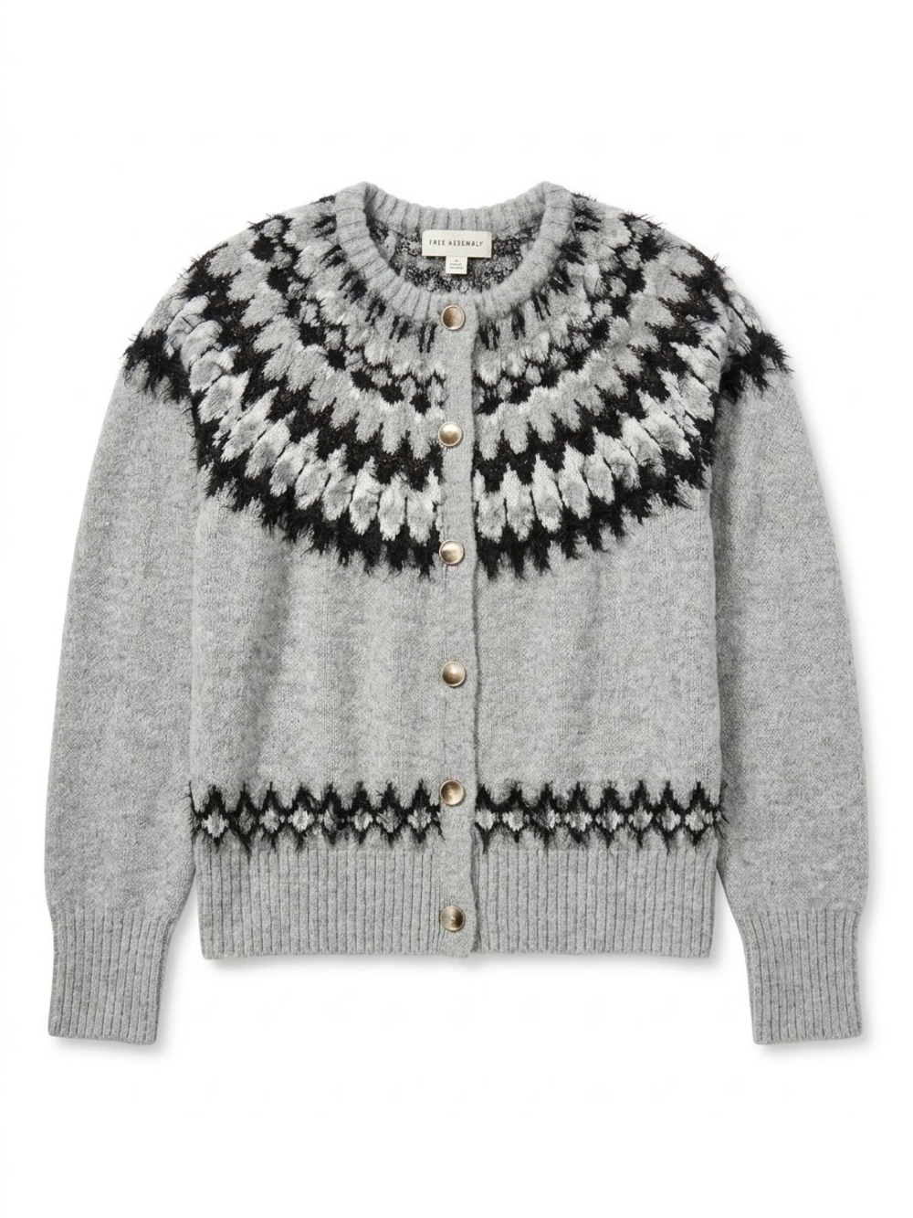 Free Assembly Gray and Black Fair Isle Button-Up Cardigan